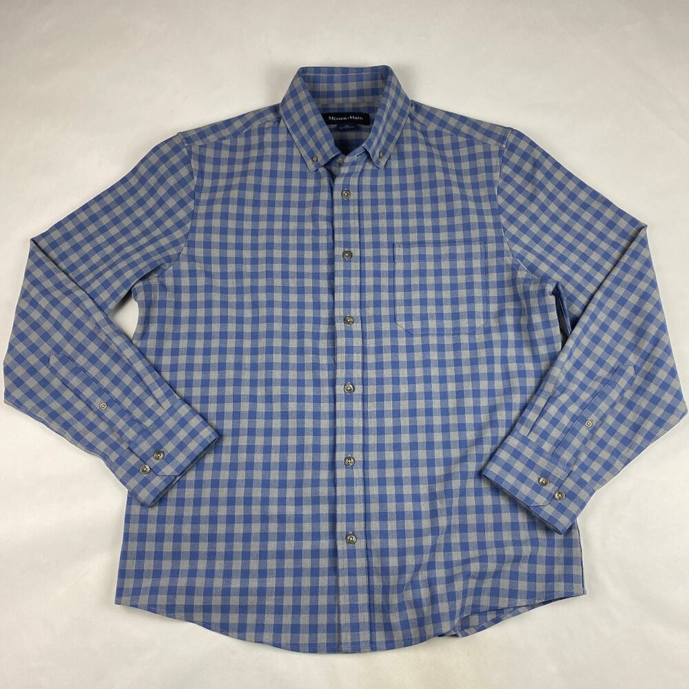 Mizzen Main Button Up Shirt Men's Size Large Trim Fit Plaid Blue Gray - Flaw